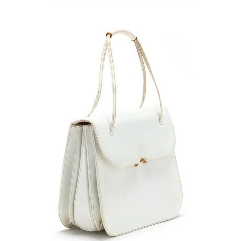 Judith Leiber Vintage White Patent Leather Accordion Shoulder Bag Gold Moon Lock